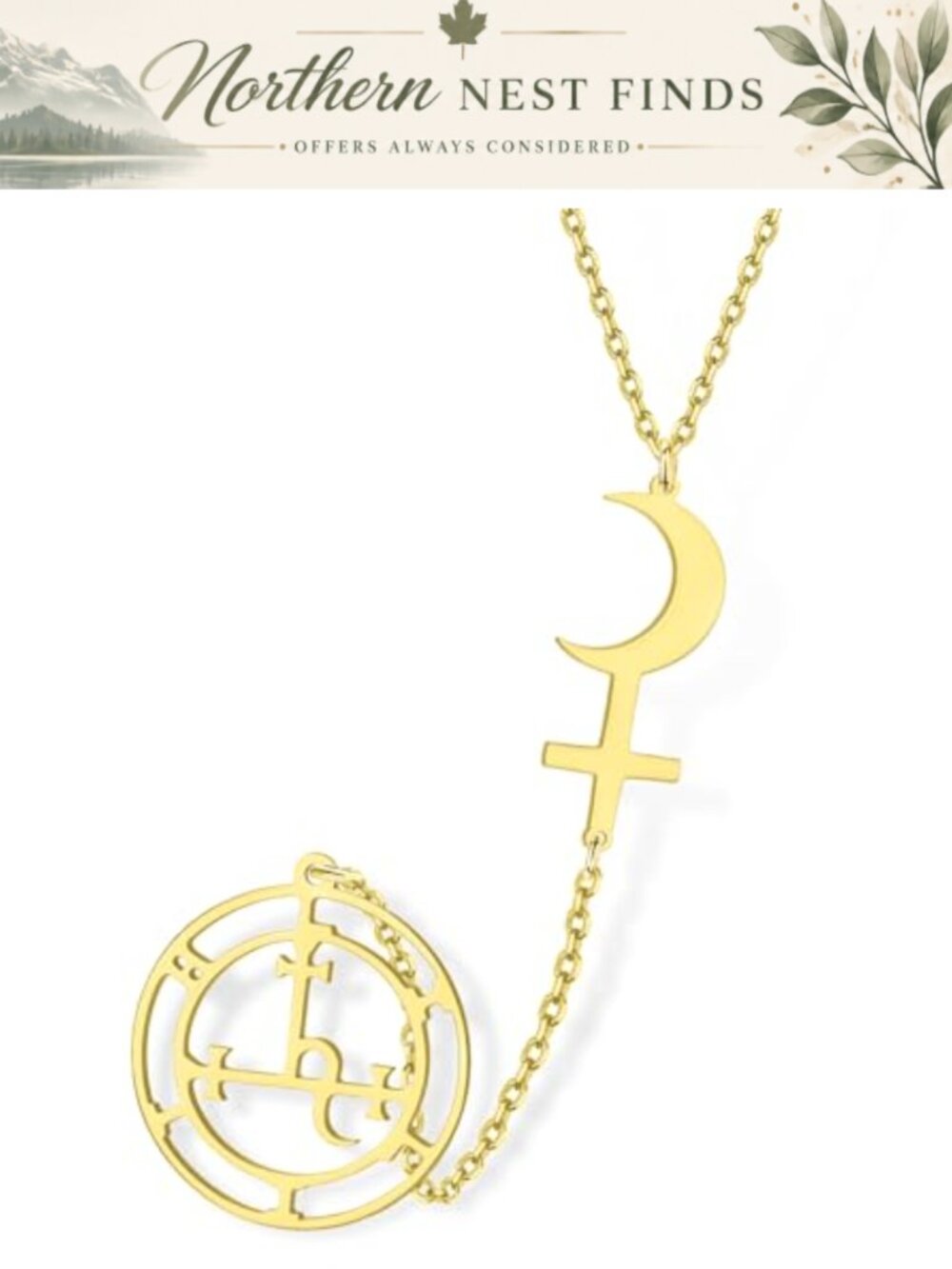 Stainless Steel Sigil of Lilith Crescent Moon Cross Necklace
